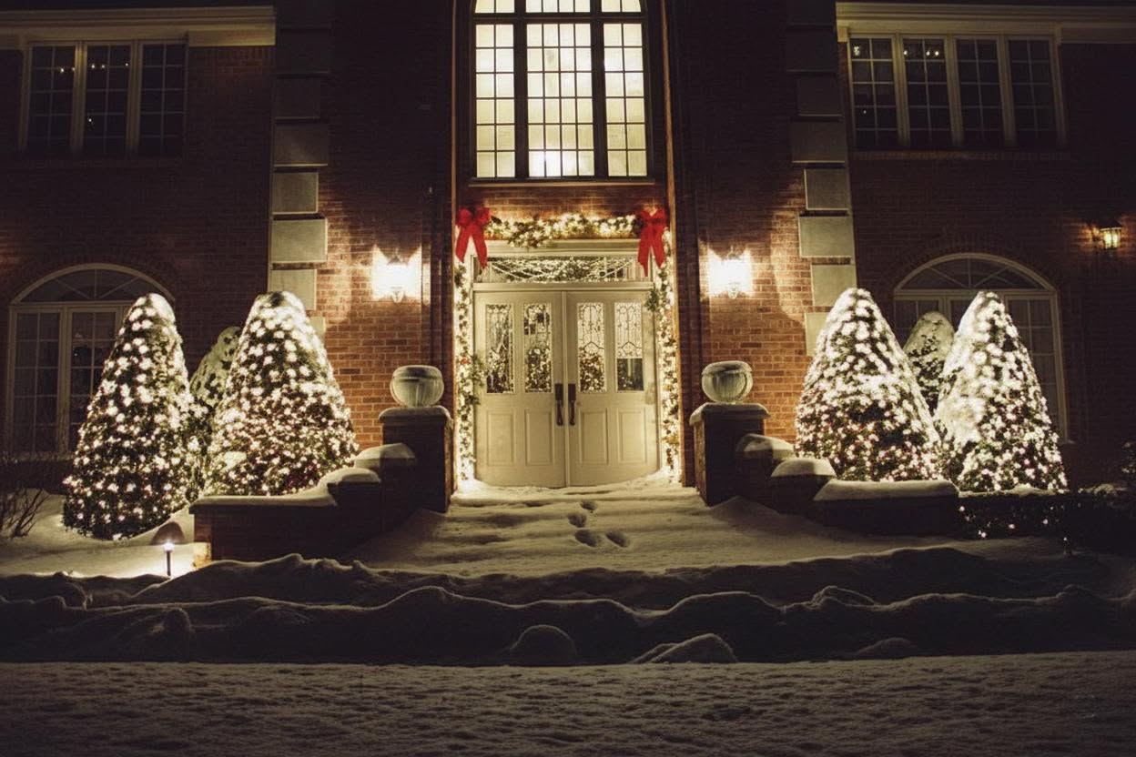 The Snowy Entrance of a Home Decorated for Christmas